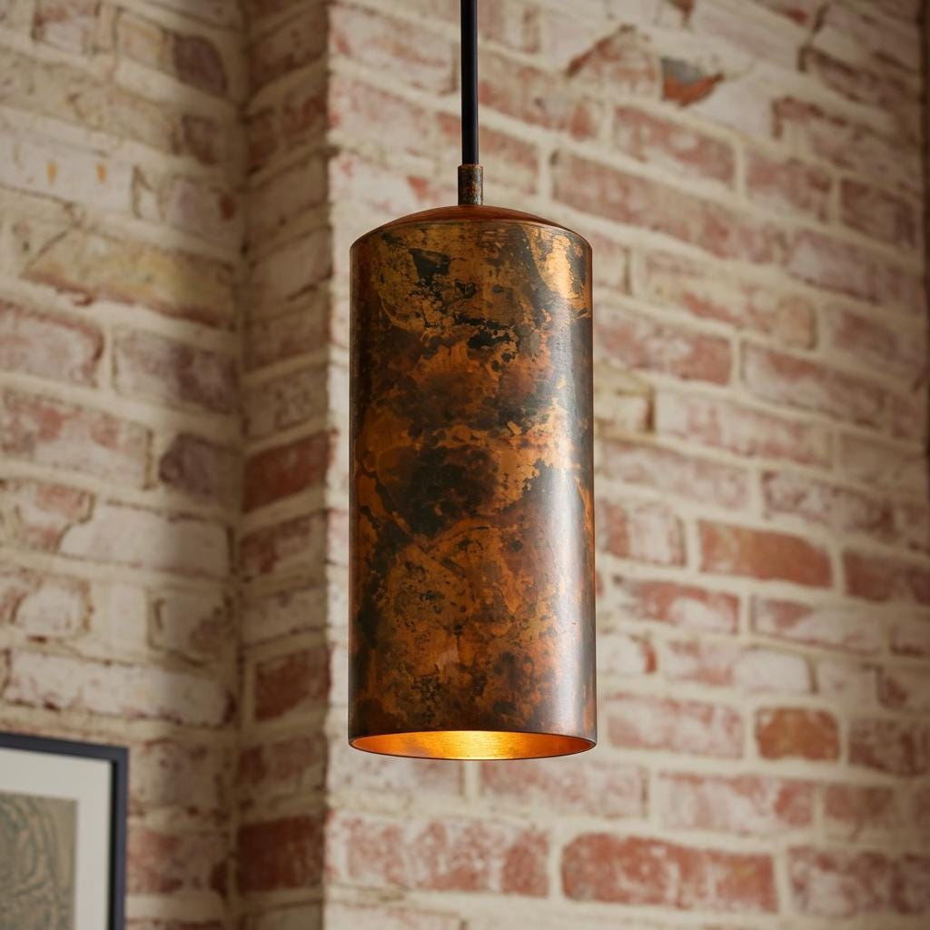 Rustic Copper Cylinder Pendant Light – Aged Industrial Kitchen Island Lighting Fixture