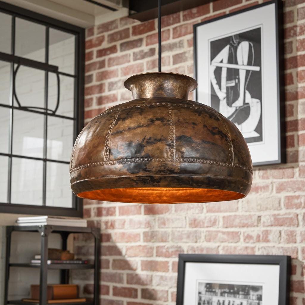 Copper Dome Pendant Light:  Hand Hammered Oxidized Rustic Ceiling Fixture for Indoor Outdoor