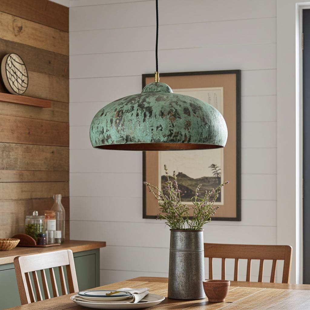 Handmade Copper Dome Pendant Light – Aged Green Patina Fixture for Farmhouse Kitchen Lighting