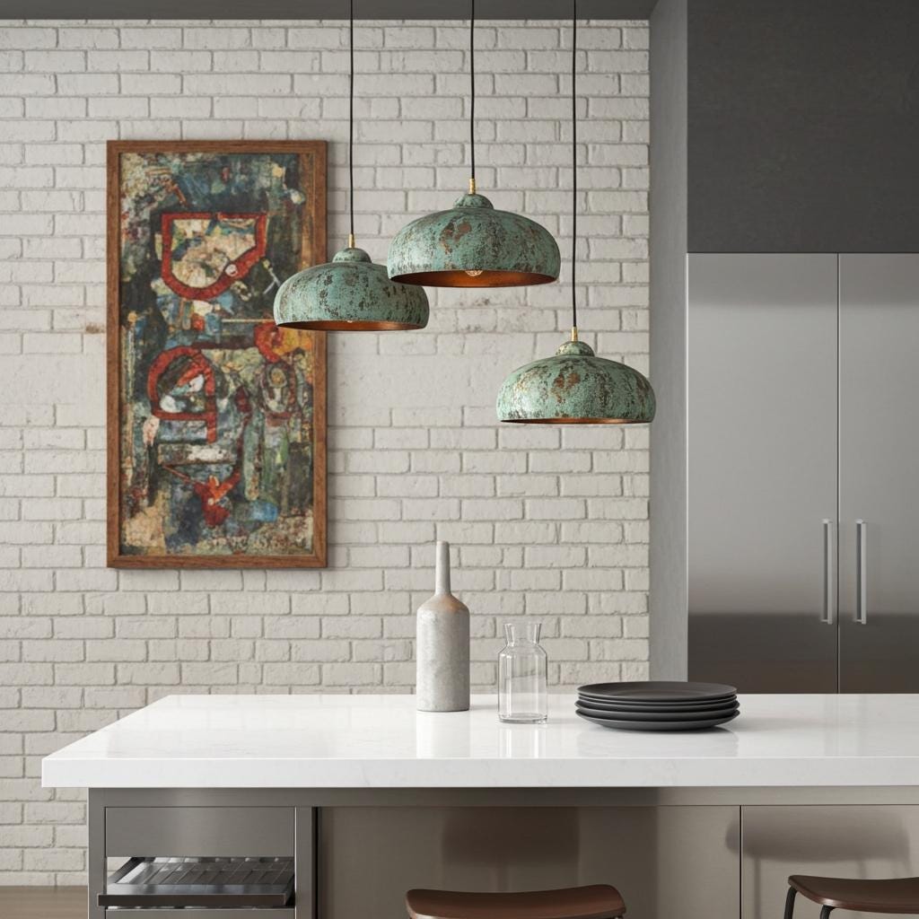 Set of Three Green Patina Copper Pendant Lights – Farmhouse Dome Ceiling Lamps for Dining or Bar