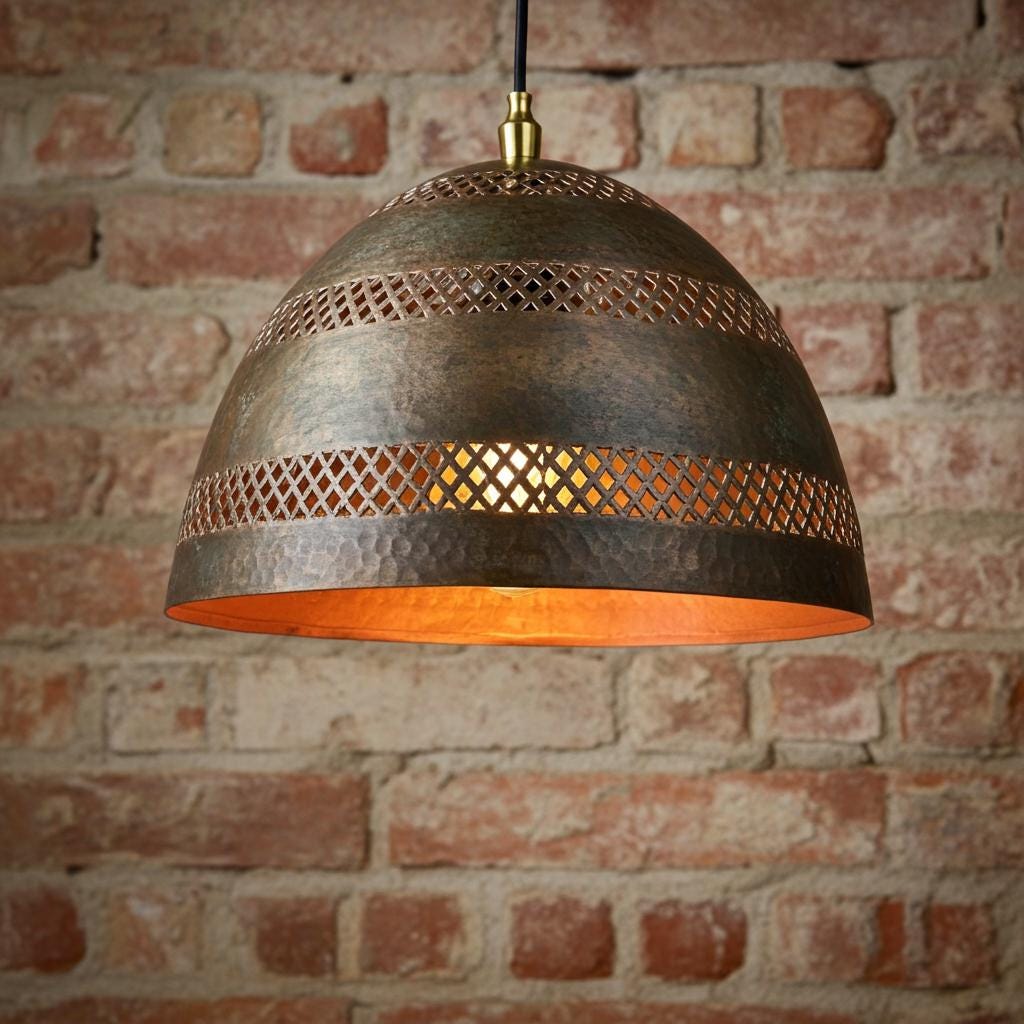 Rustic Copper Pendant Lamp – Handcrafted Dome Ceiling Light for Farmhouse Kitchen & Bar