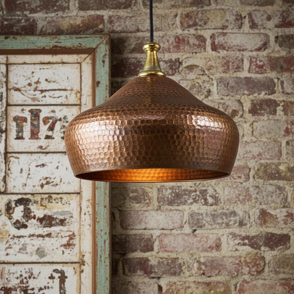 Hammered Copper Dome Pendant Lamp: Rustic Farmhouse Ceiling Light with Brass Top for Dining or Bar