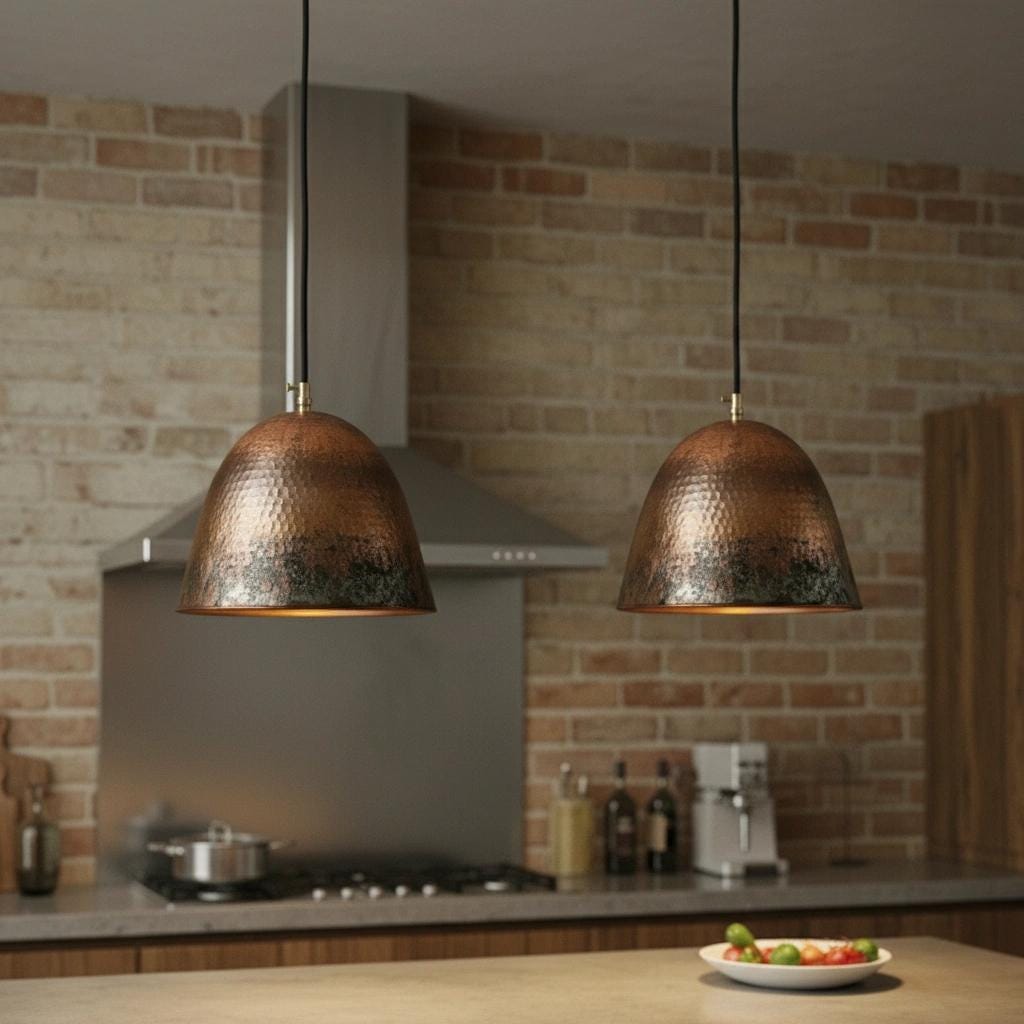Patina Copper Pendant Light Set of Two – Rustic Handmade Ceiling Fixtures for Farmhouse Kitchen Island