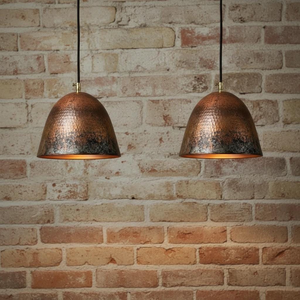 Patina Copper Pendant Light Set of Two – Rustic Handmade Ceiling Fixtures for Farmhouse Kitchen Island