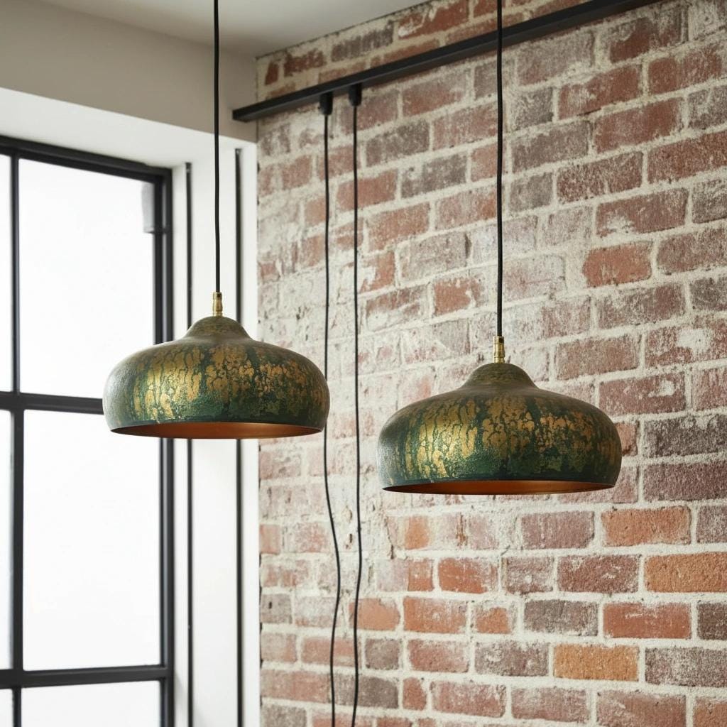 Set of Two Rustic Copper Pendant Lights – Green Patina Dome Fixtures for Vintage Farmhouse Kitchen