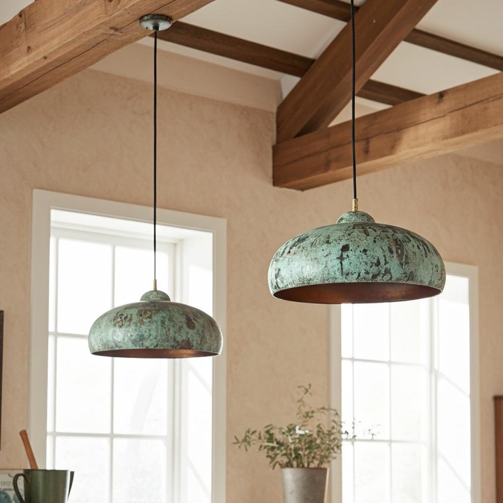 Pair of Patina Copper Pendant Lights – Vintage Dome Ceiling Fixtures for Farmhouse Kitchen Lighting