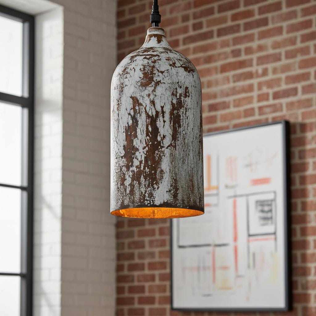 Rustic White Patina Copper Ceiling Pendant – Cylinder Light Fixture for Kitchen or Dining Room