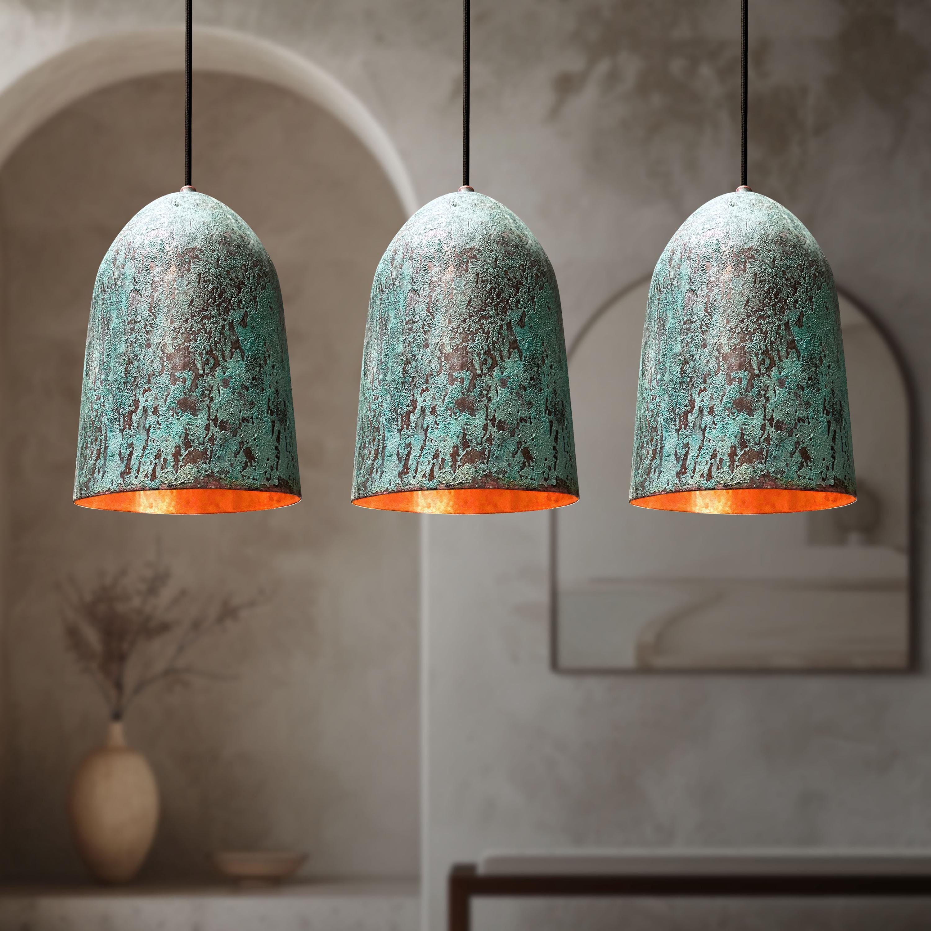 Set of Three Copper Pendant Lights – Oxidized Green Patina Farmhouse Ceiling Fixtures for Kitchen Island