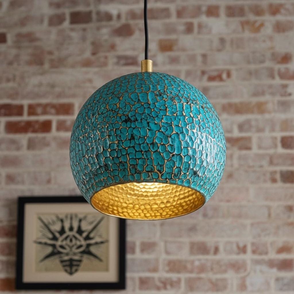 Patina Blue Brass Dome Light – Rustic Handmade Ceiling Pendant for Kitchen or Bar Area
