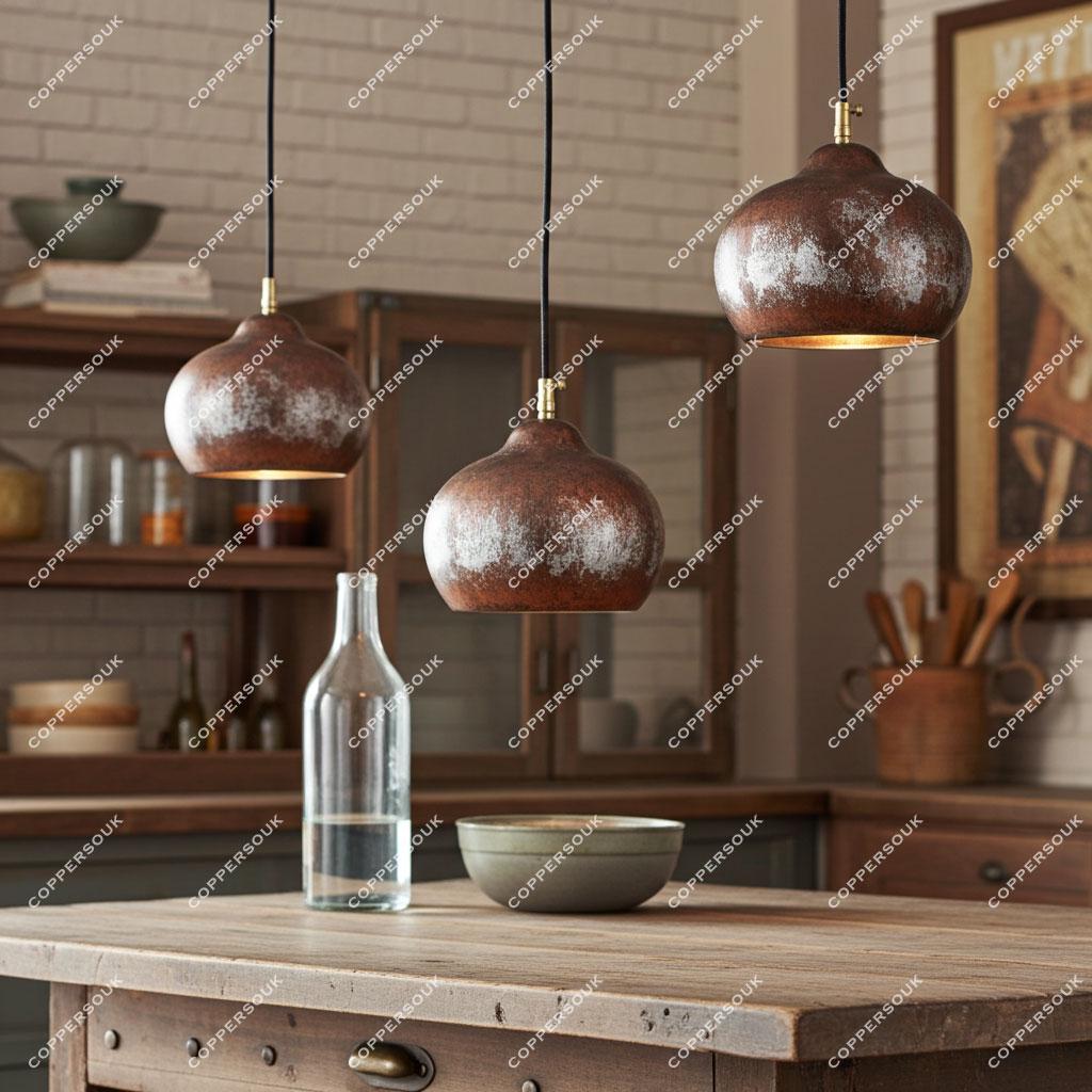 Antique Hammered Copper Pendant Light – Handmade Dome Ceiling Light for Kitchen Island, Rustic Copper Hanging Lamp