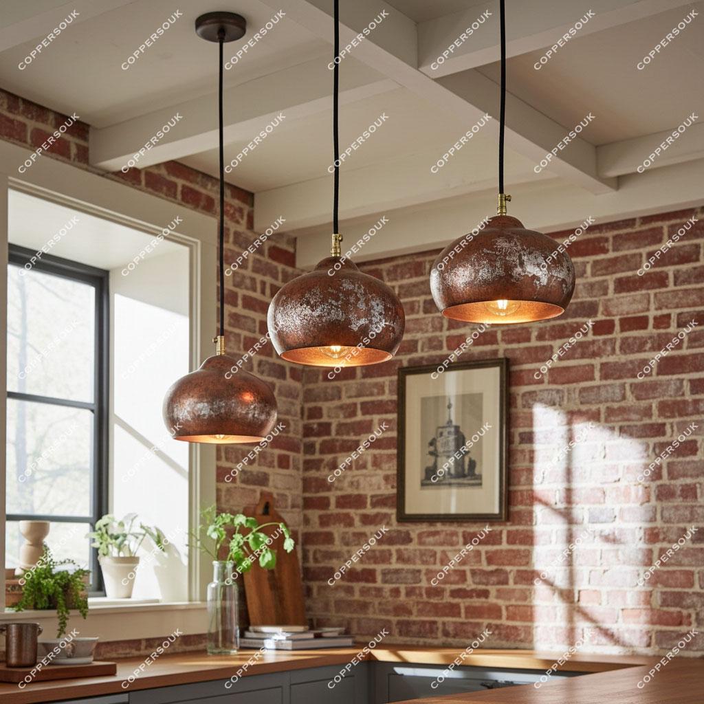 Antique Hammered Copper Pendant Light – Handmade Dome Ceiling Light for Kitchen Island, Rustic Copper Hanging Lamp