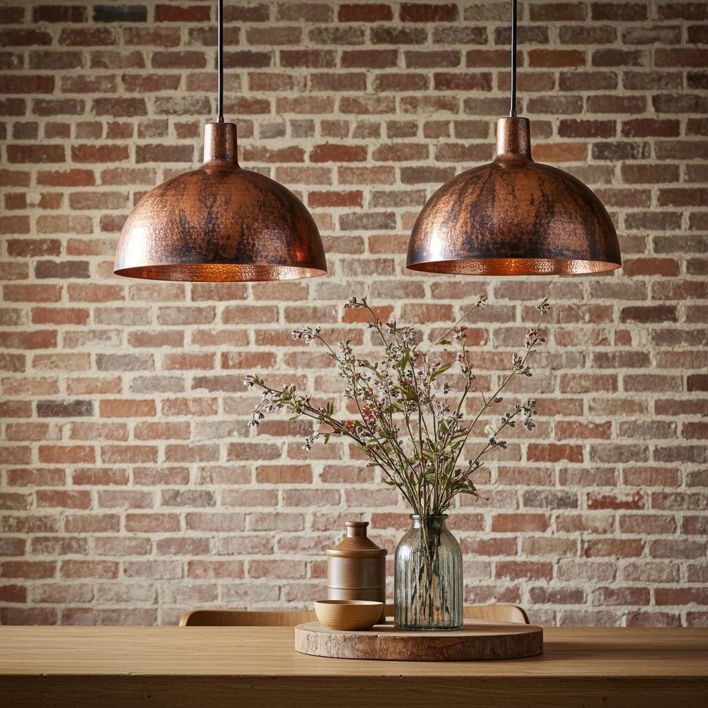 Set of Two Rustic Copper Dome Pendant Light – Handmade Farmhouse Hanging Ceiling Lamp for Kitchen Island