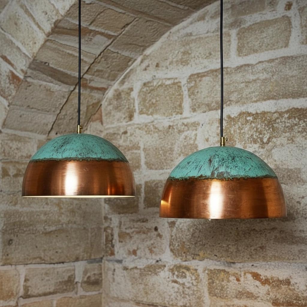 Green Patina Copper Pendant Light Set – Rustic Farmhouse Ceiling Lamps for Kitchen Island Lighting