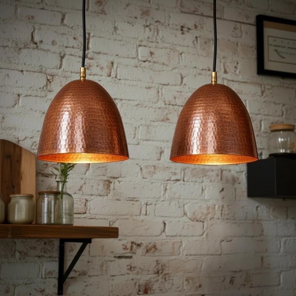 Set Of Two Handmade Hammered Copper Farmhouse Pendant Lights