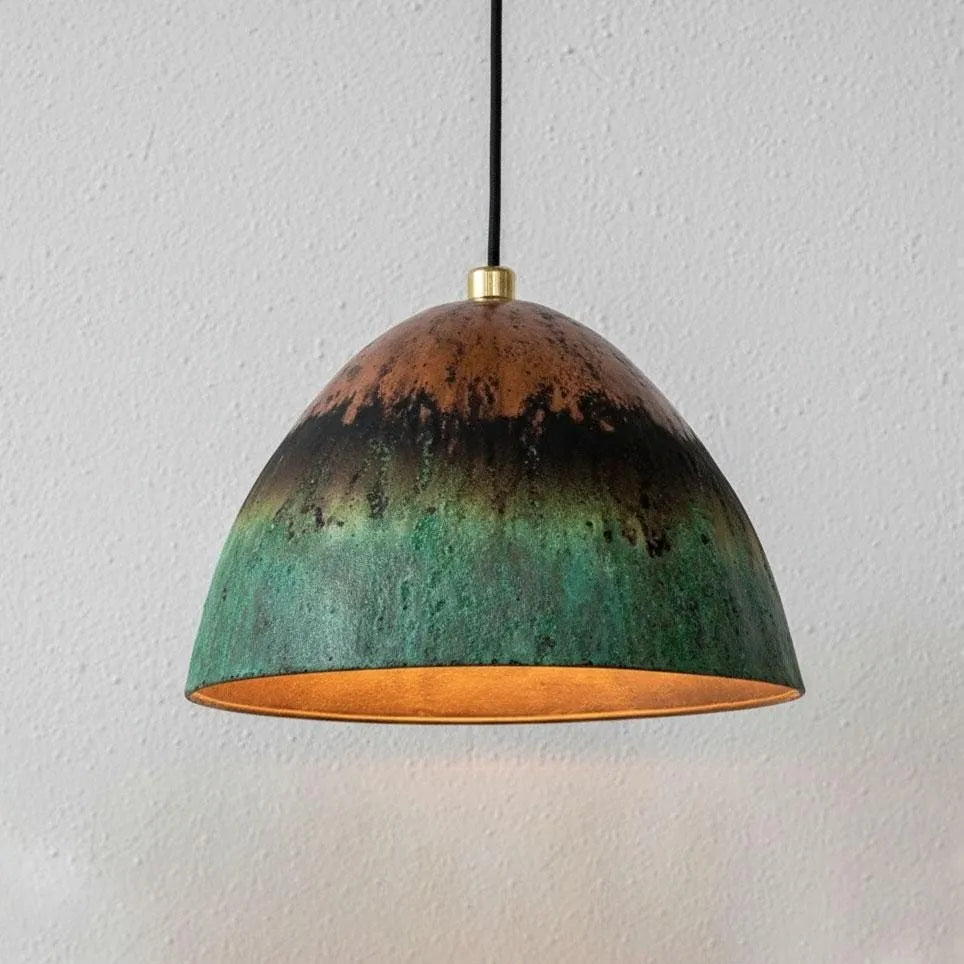 Handmade Green Patina Copper Pendant Light – Rustic Dome Ceiling Fixture