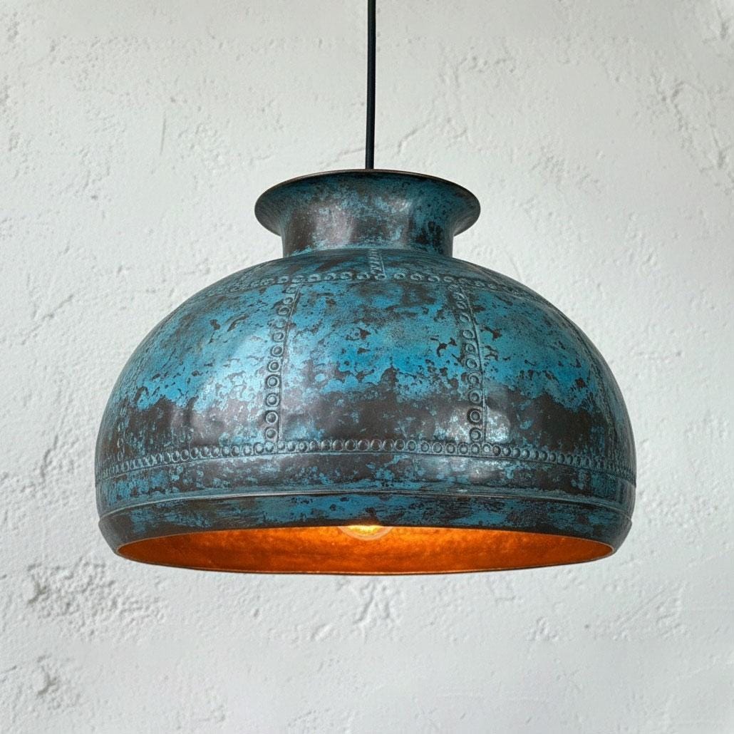 Blue Patina Ceiling Lamp Kitchen Island ,Oxidized Copper Dome Pendant Light Dining Room