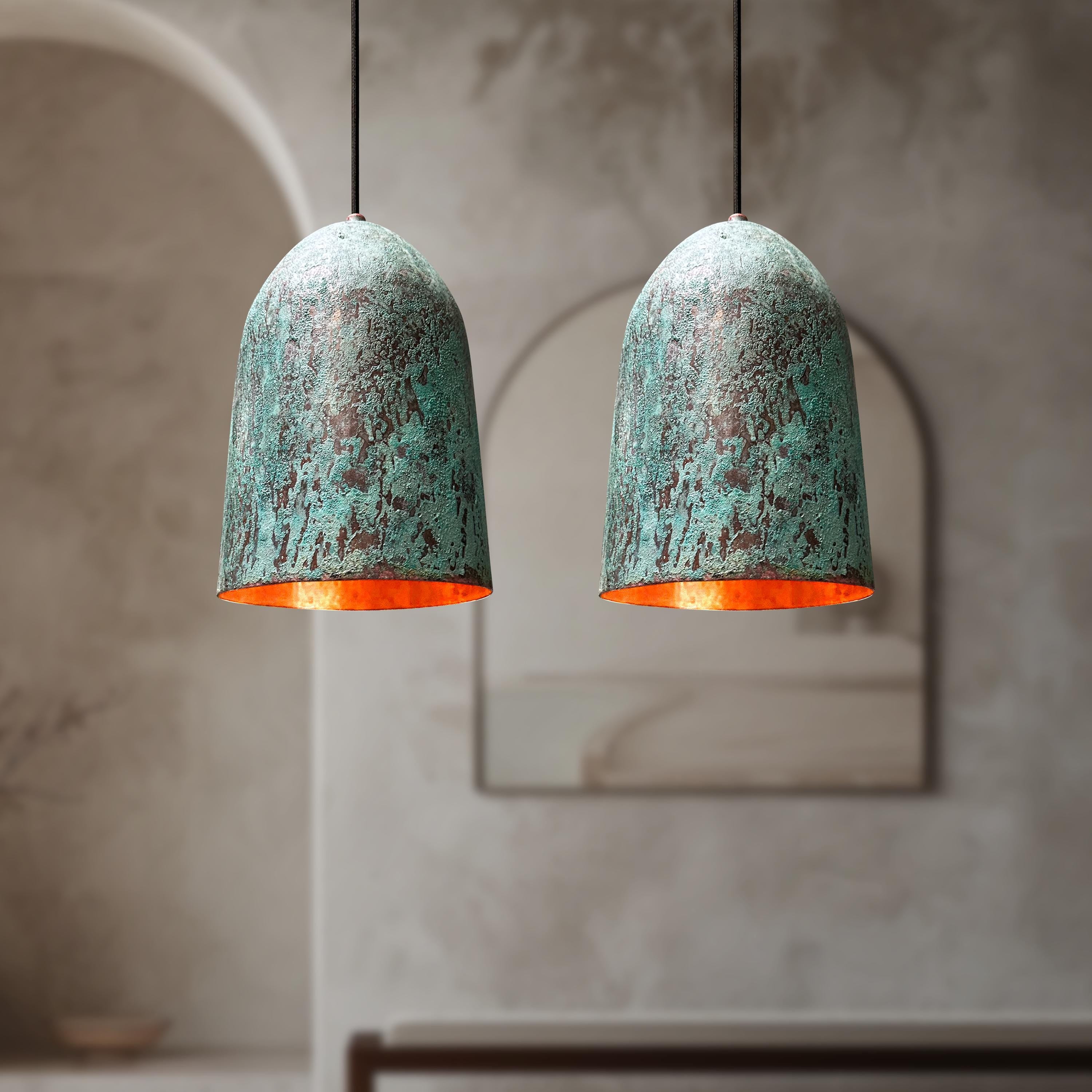Set of Two Rustic Green Copper Dome Lights – Vintage Farmhouse Kitchen Island Pendant Fixtures