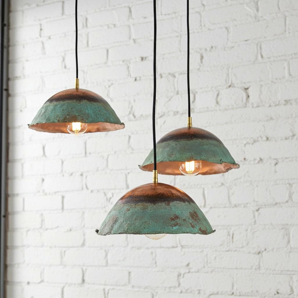 Set of 2 Handmade Green Patina Copper Pendants by Coppersouk • Rustic Oxidized Dome Lights • Artisan Kitchen Island Fixtures