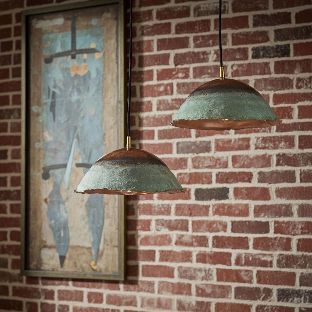 Set of 2 Handmade Green Patina Copper Pendants by Coppersouk • Rustic Oxidized Dome Lights • Artisan Kitchen Island Fixtures