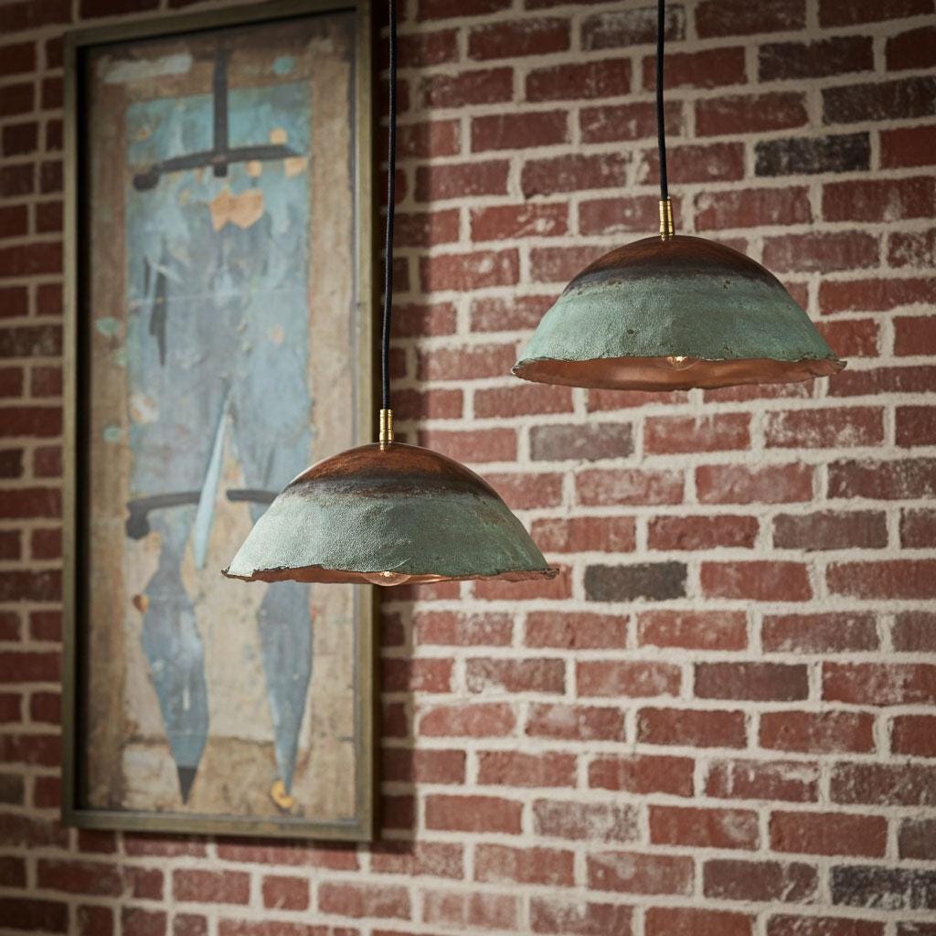 Green Patina Copper Pendant by Coppersouk • Rustic Handcrafted Dome Light • Artisan Kitchen Island Ceiling Lamp