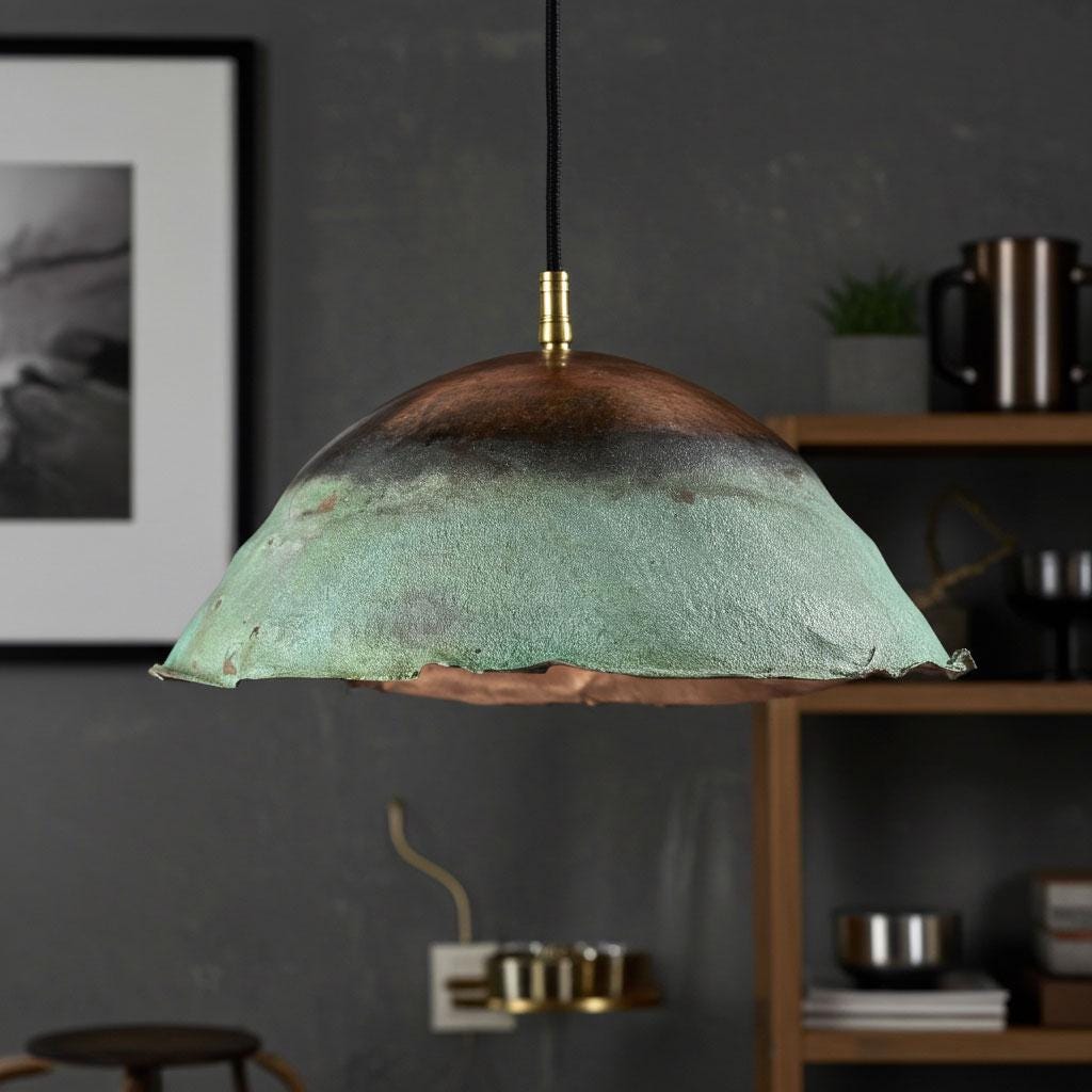 Set of 2 Handmade Green Patina Copper Pendants by Coppersouk • Rustic Oxidized Dome Lights • Artisan Kitchen Island Fixtures