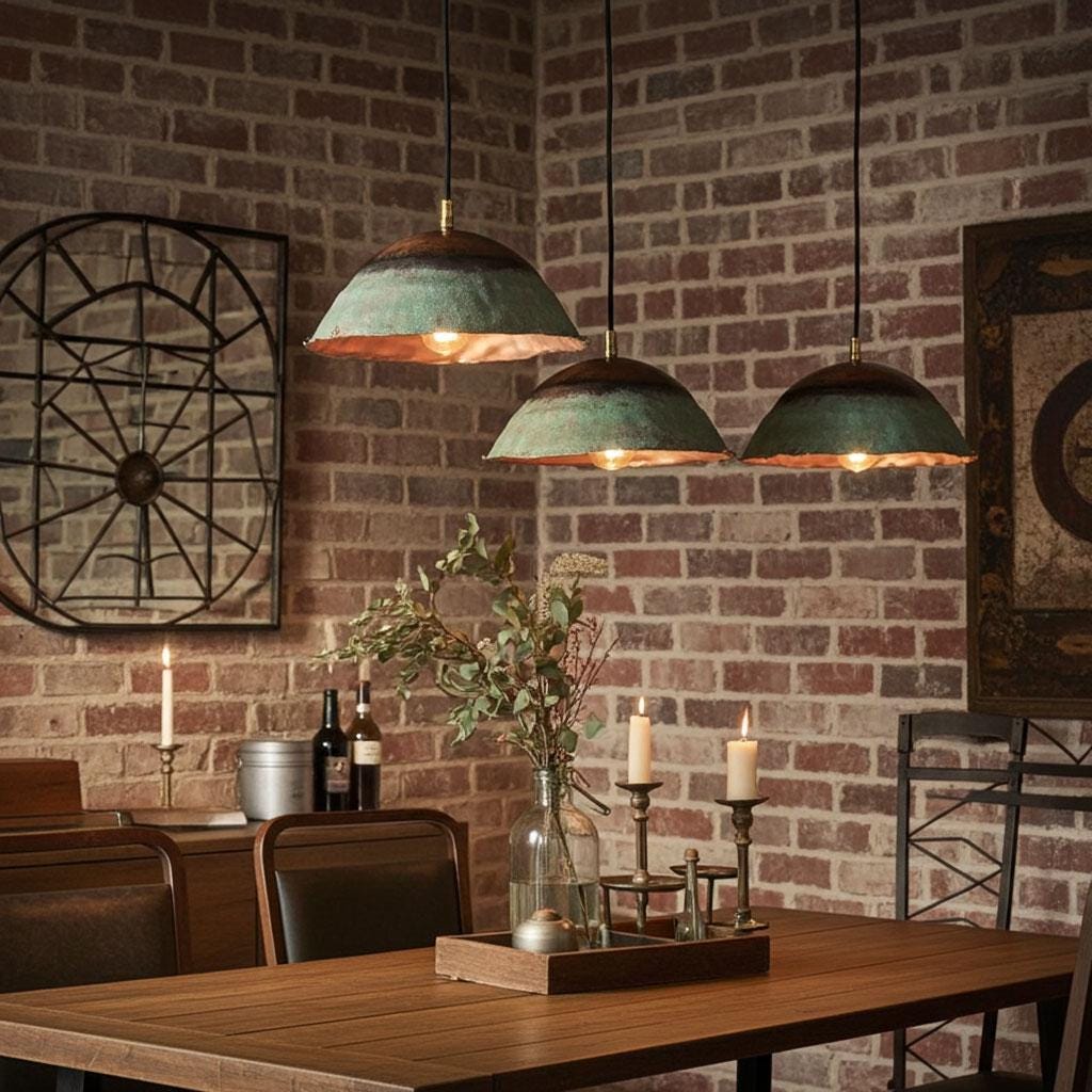 Set of Three Oxidized Copper Dome Pendants – Vintage Green Patina Ceiling Lights Farmhouse