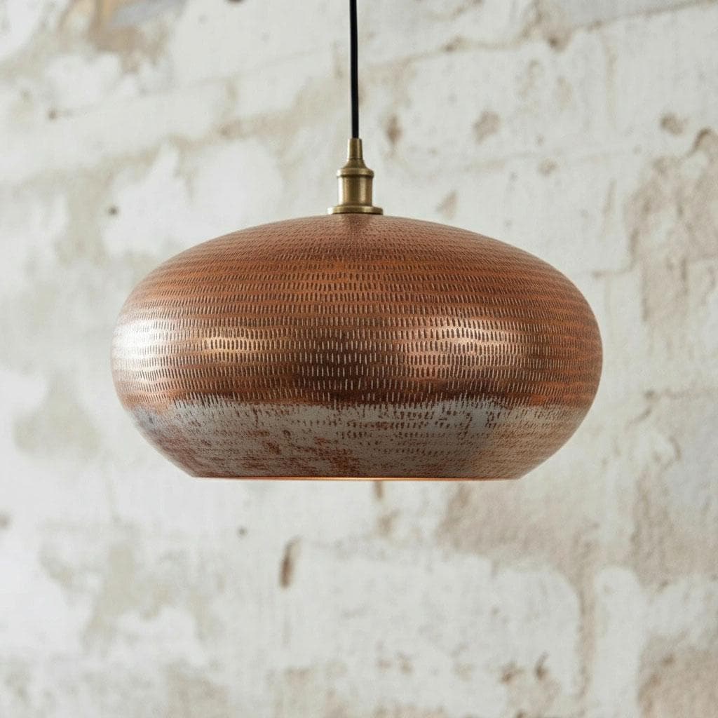 Oxidized Copper Pendant Light – Handmade Patina Drum Ceiling Lamp for Kitchen Island or Dining Room