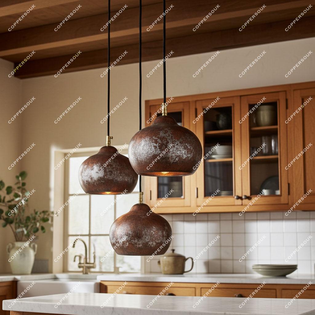 Antique Hammered Copper Pendant Light – Handmade Dome Ceiling Light for Kitchen Island, Rustic Copper Hanging Lamp