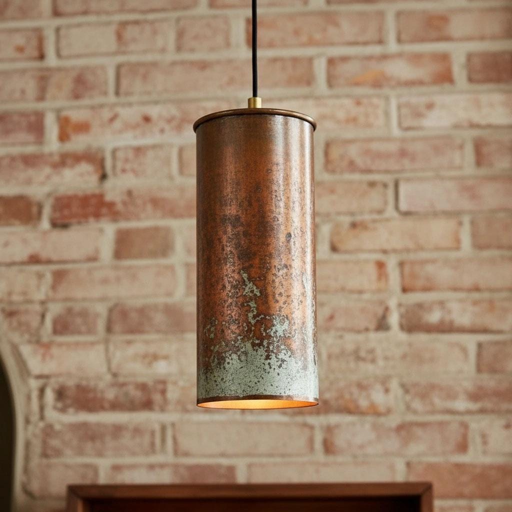 Set of Three Aged Copper Cylinder Pendants – Vintage Patina Ceiling Lamps for Kitchen Island Lighting