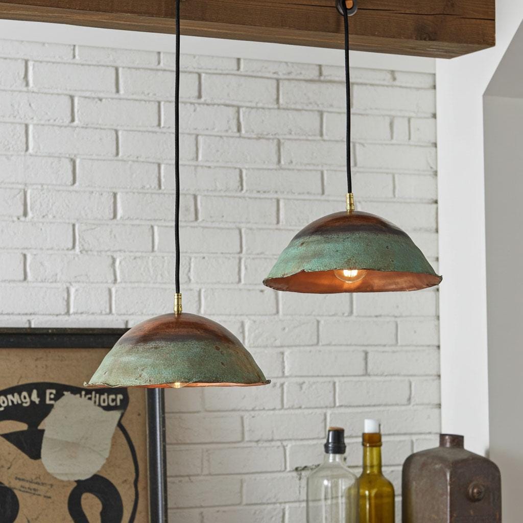 Set of 2 Handmade Green Patina Copper Pendants by Coppersouk • Rustic Oxidized Dome Lights • Artisan Kitchen Island Fixtures