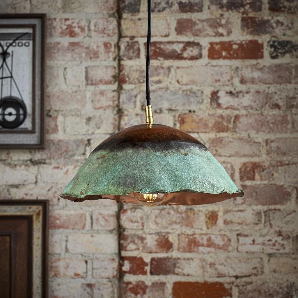 Set of 2 Handmade Green Patina Copper Pendants by Coppersouk • Rustic Oxidized Dome Lights • Artisan Kitchen Island Fixtures