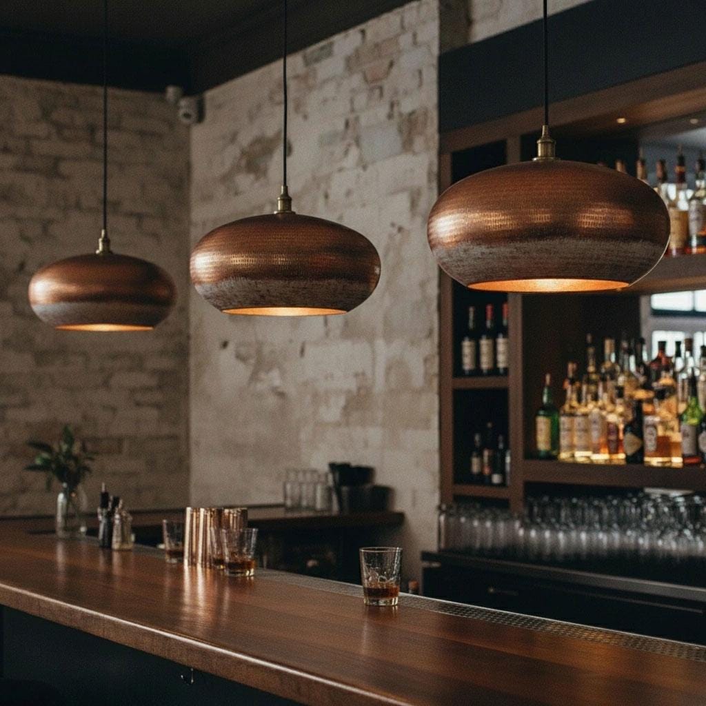 Oxidized Copper Pendant Light – Handmade Patina Drum Ceiling Lamp for Kitchen Island or Dining Room