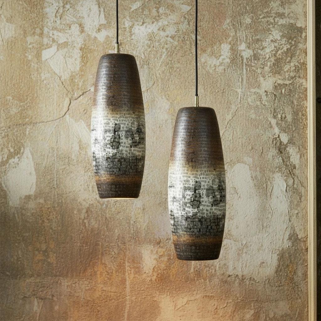 Set of 2 Oxidized Copper Tall Pendant Lights – Handcrafted Rustic Cylinder Fixtures