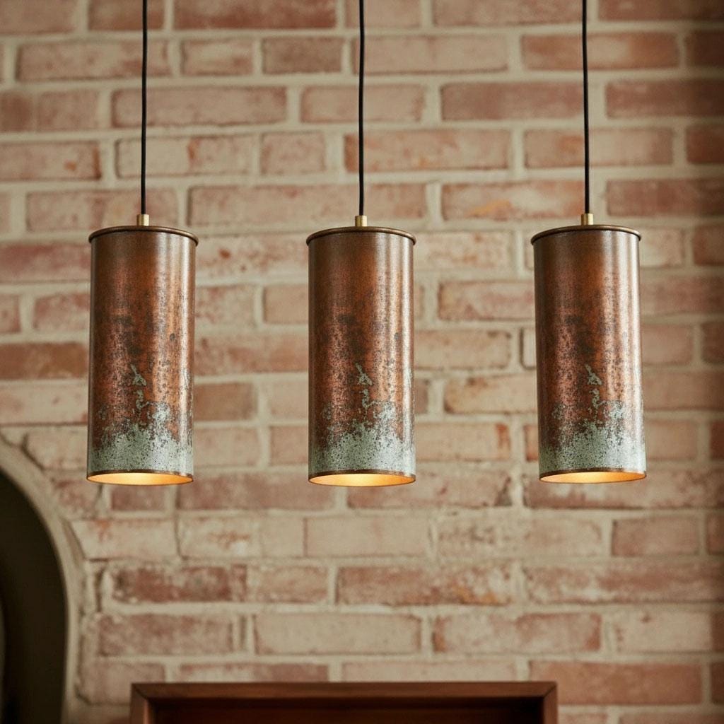 Handcrafted Tall Patina Cylinder Light for Kitchen Island , Bar lamps , Rustic Aged Copper Pendant