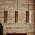 Set of Three Aged Copper Cylinder Pendants – Vintage Patina Ceiling Lamps for Kitchen Island Lighting
