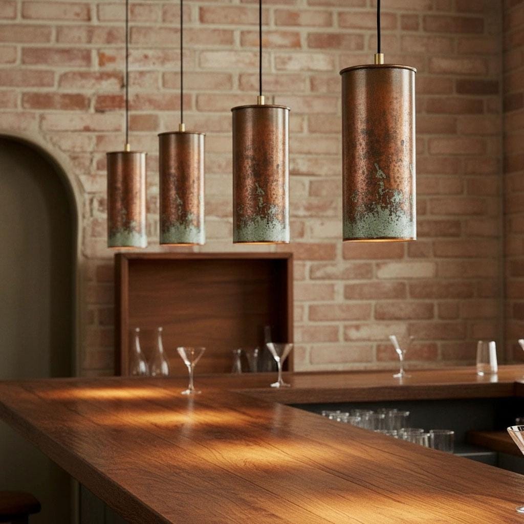 Handcrafted Tall Patina Cylinder Light for Kitchen Island , Bar lamps , Rustic Aged Copper Pendant