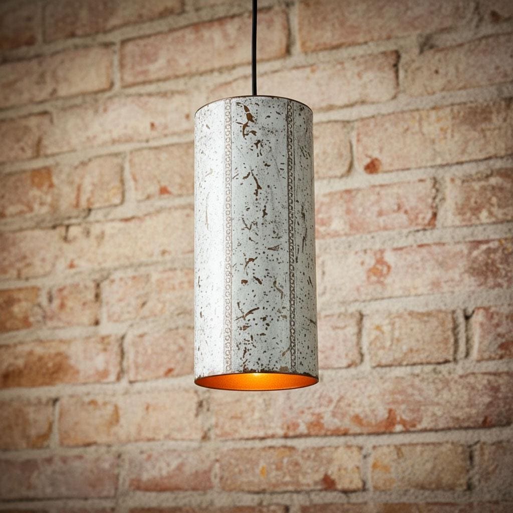 White Patina Cylinder Pendant Light – Rustic Copper Hanging Lamp Island Kitchen