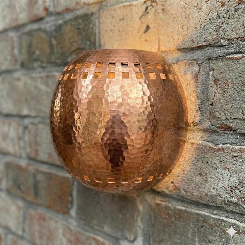 Handmade Hammered Copper Wall Light – Round Rustic Interior Sconce for Living Room Hallway