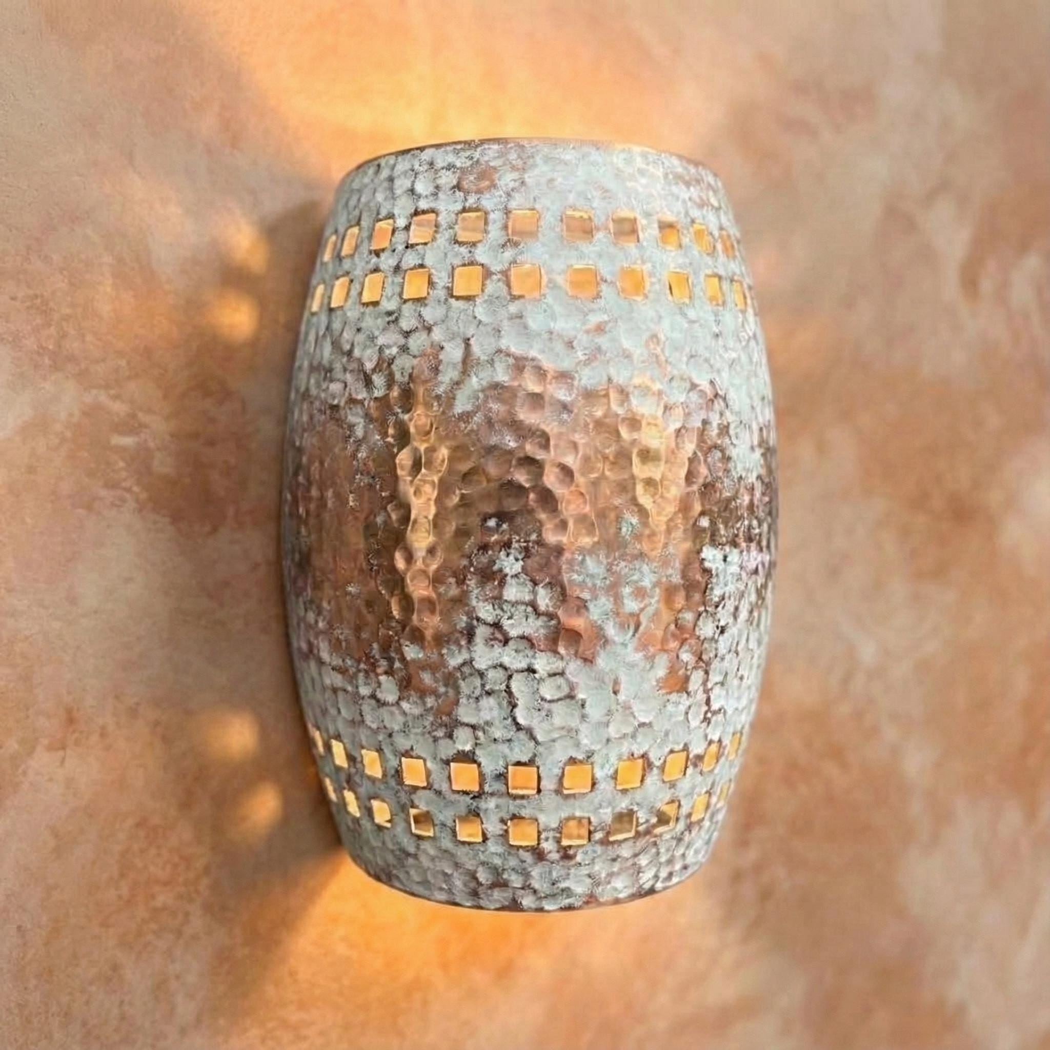 Copper Wall Sconce Hammered Shade White Patina Square Cutout