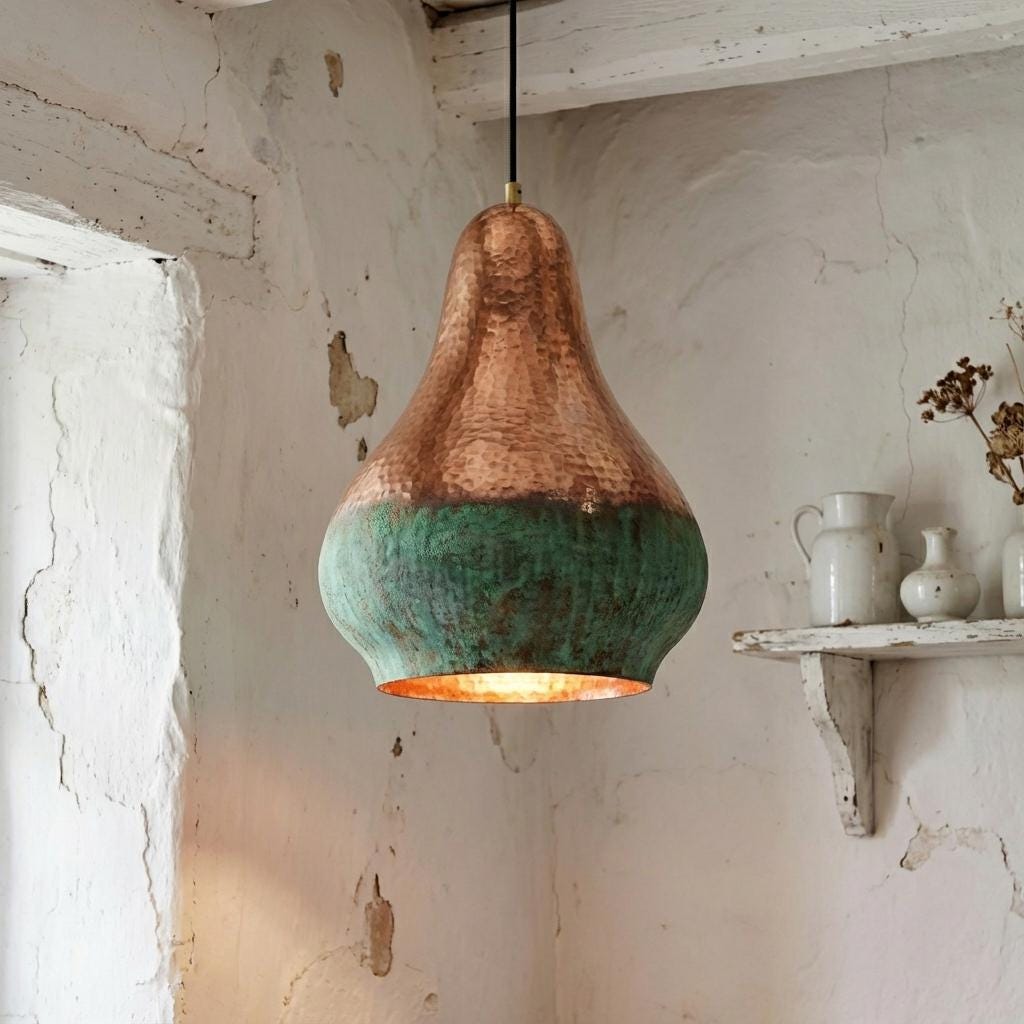 Handmade Hammered Copper Pendant Light , Natural Green Patina Hanging Ceiling Lamp Kitchen Island, Dining Room ,Warm Interior Lighting