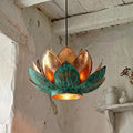 Handmade Hammered Copper Lotus Pendant Light with Verdigris Patina