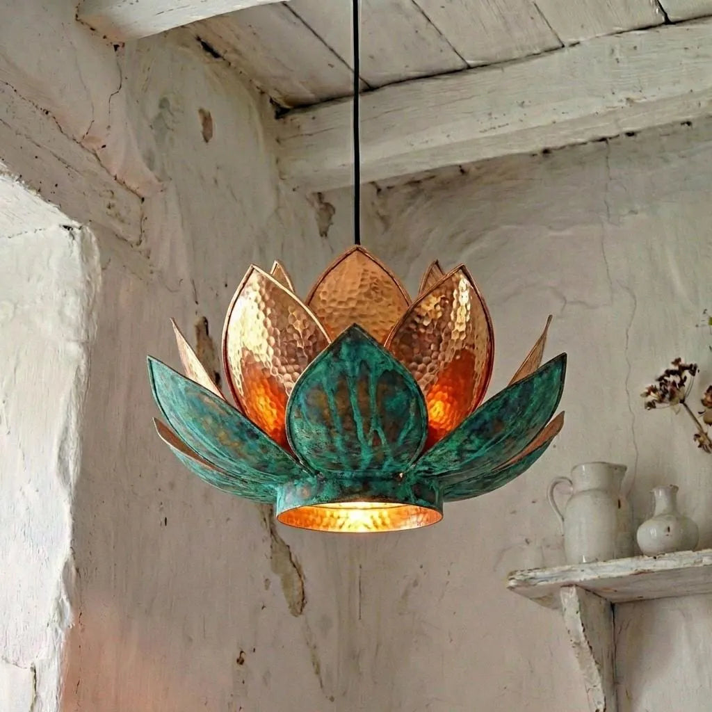 Handmade Hammered Copper Lotus Pendant Light with Verdigris Patina