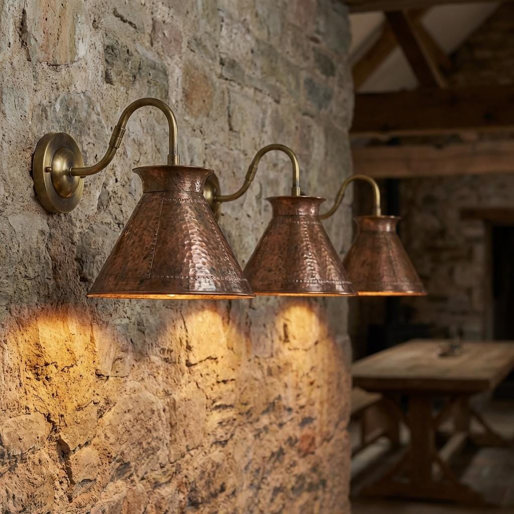 Hammered Copper Wall Light Sconce – Rustic Cone Shade Indoor Outdoor Lighting