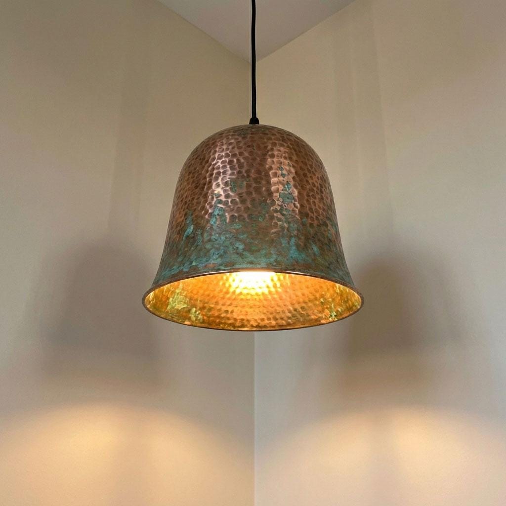 Copper Pendant Light Hammered Verdigris Patina, Rustic Ceiling Lamp