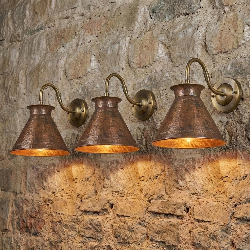 Hammered Copper Wall Light Sconce – Rustic Cone Shade Indoor Outdoor Lighting