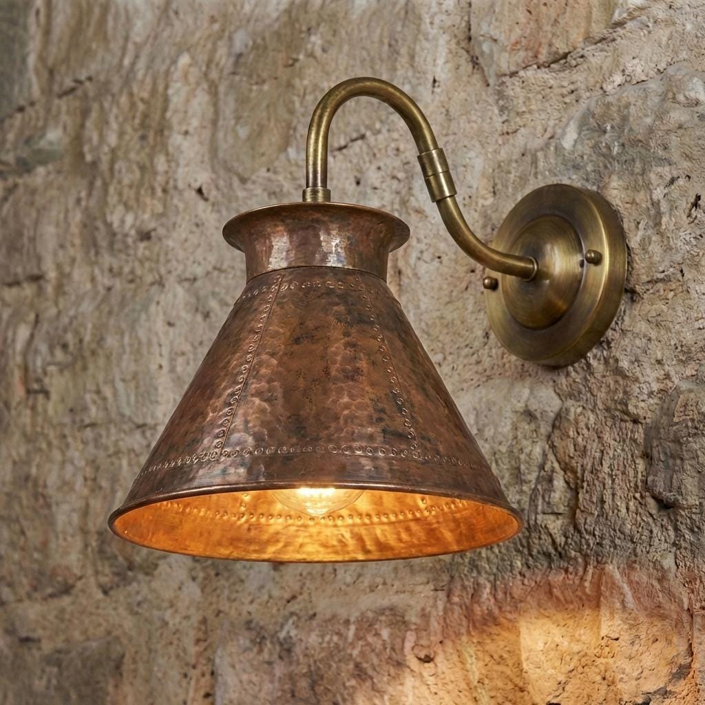 Hammered Copper Wall Light Sconce – Rustic Cone Shade Indoor Outdoor Lighting