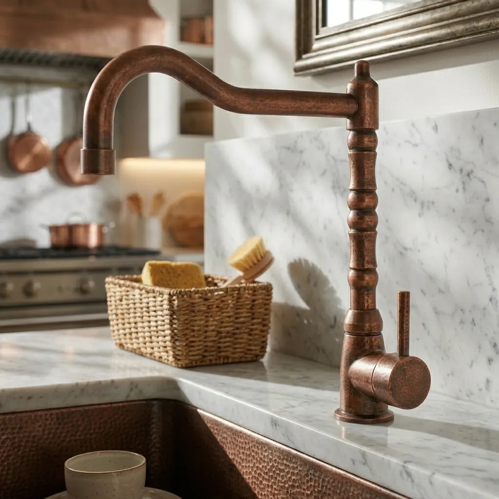 Aged Copper Kitchen Faucet with High Arc Swivel Spout